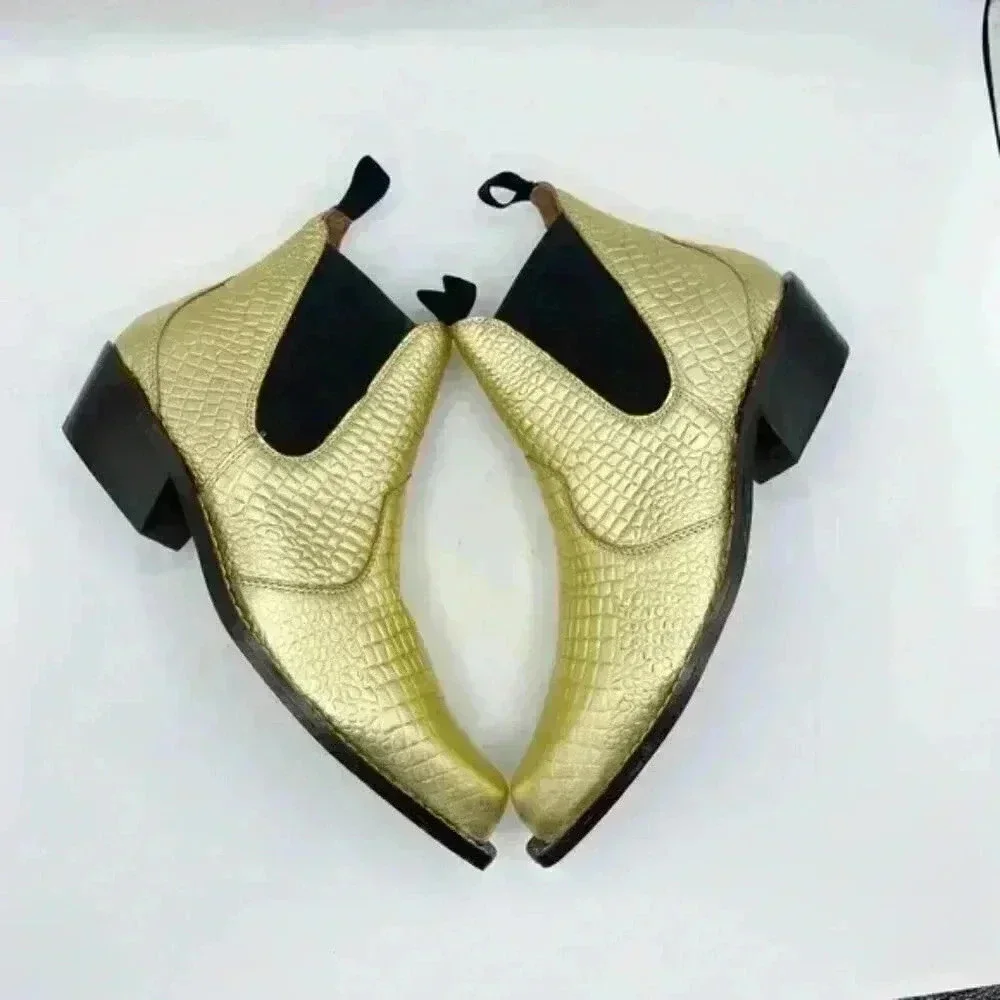 FREE PEOPLE Gold Croc Embossed Beau Western Chelsea Boot Ankle Booties